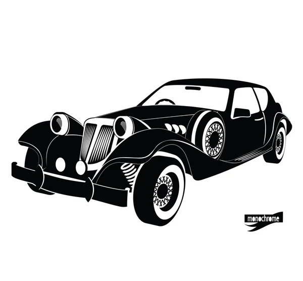 Monochrom-Retro-Auto, Frontansicht schwarze Auto-Silhouette, Luxus-Oldtimer auf weißem Hintergrund, Handzeichnung Stil für Design-Karte, Banner, Flyer, Druck. Mietwagen für das Autofahren in der Stadt — Stockvektor