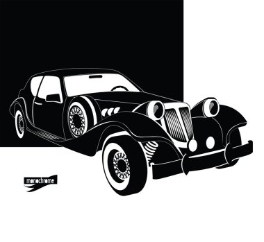 Otomatik vintage ve lüks. Karanlık garaj Retro siyah arabadan. Tek renkli stil tasarım tabela, afiş, el ilanı, baskı, olay kartı için. Vintage arabalar vektörel çizimler. Araba Kiralama ve hizmet oturum açın