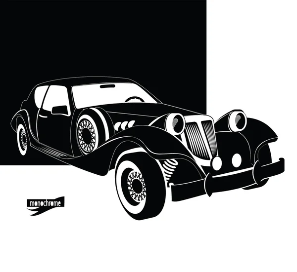 Auto vintage en luxe. Retro zwarte auto uit de garage van de duisternis. Zwart-wit stijl voor ontwerp uithangbord, poster, flyer, kaart hebt afgedrukt, gebeurtenis. Oldtimers vectoren. Autoverhuur en dienst ondertekenen — Stockvector