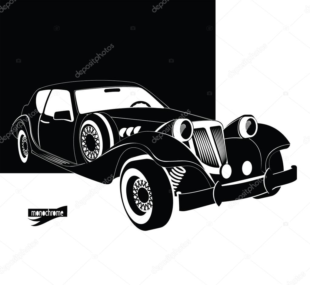 Auto vintage and luxury. Retro black car out of the darkness garage. Monochrome style for design signboard, poster, flyer, print, event card. Vintage cars vectors. Car rental and service sign