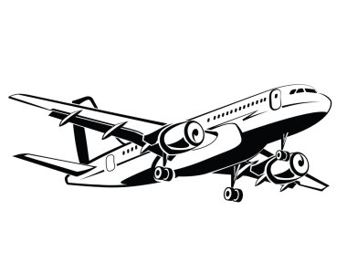 Plane is landing and take-off, the gear. Travel and transportation. Plane icon in monochrome style. Airlines. Airplane flying in the sky. Airplanes silhouettes high detailed, business travel clipart