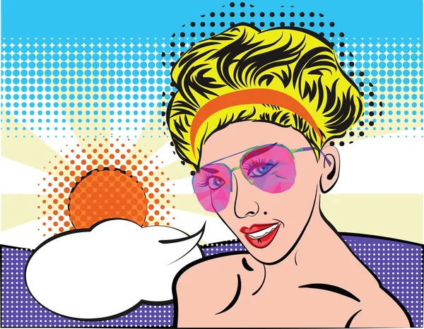 Mujer Pop Art con gafas de sol en la playa de verano, de estilo cómico. Cara de chica rubia vintage con burbuja de habla, sol y relajarse. Chica joven de moda, ilustración de estilo de arte pop. Vintage bonita dama — Vector de stock