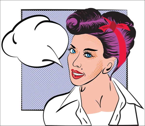 Портрет девушки в стиле поп-арт, комиксы, скетч. Женщина с фиолетовыми волосами, ретро-причёска, в белой рубашке, винтажный стиль на фоне каркаса и речевого пузыря. Дизайн для карты — стоковый вектор