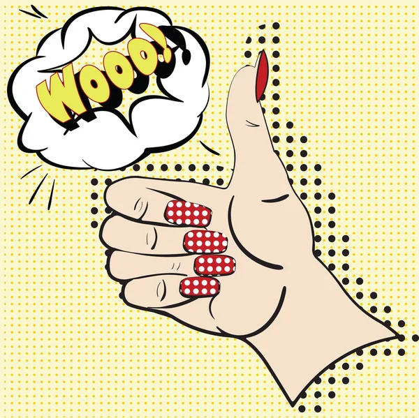 Mão com dedo indicador levantado no fundo amarelo com bolhas de fala para texto. Mão feminina feita em estilo pop art, quadrinhos, esboço. Atenção e informação com dedo indicador — Vetor de Stock