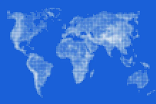 Immagine astratta stilizzata della mappa del mondo. Mappa del mondo punteggiata fatta. Pixel circolari Il mondo mappa i puntini rotondi blu. Illustrazione vettoriale business background — Vettoriale Stock