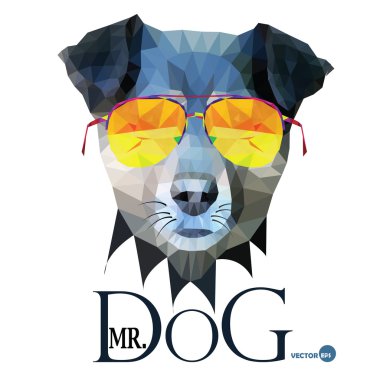 Köpek Hipster adamım, Bay Dog Terrier gözlük, moda poligonal tarzı, beyaz arka plan üzerinde izole hayvan illüstrasyon portre bak. Çizgi film ve kitap kahraman, şeyler kumaş üzerine baskı için tasarım