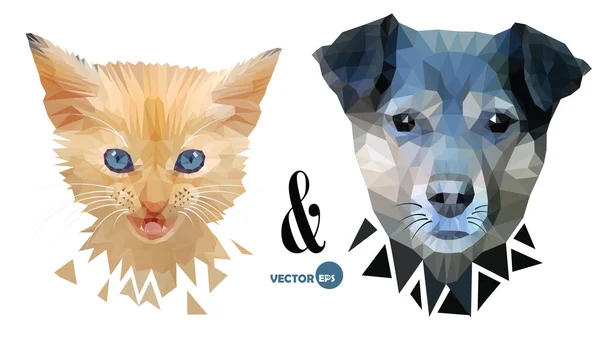 Portrait visage de chien et chat, amour Animaux domestiques, amitié et confrontation. Chaton et chiot, animaux amusants. Collections de zoo. Chien, visage de chat sur le blanc, fabriqué dans un style triangulaire Low Poly pour la conception d'impression — Image vectorielle