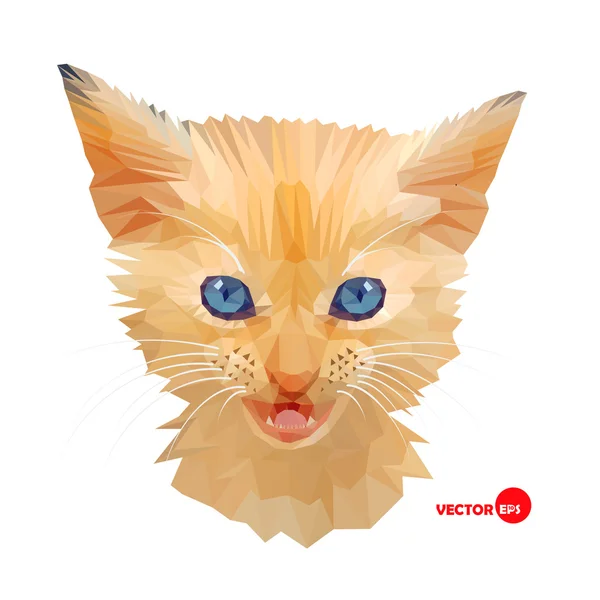 Cara de gato vermelho com olhos azuis, retrato feito em estilo poligonal. Cabeça de gatinho. Gatos no poli baixo para design, impressão de camiseta. Gato de estimação. Retrato gatinhos estilizados rosto no fundo branco . — Vetor de Stock