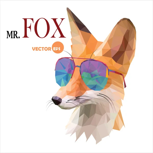 Fox homem, o Sr. Fox em óculos de sol, estilo urbano da cidade, hipster olhar retrato animal de moda close-up sobre o fundo branco. Gráfico no estilo poli baixo para desenhos animados herói, livro, cartões, coisas engraçadas — Vetor de Stock
