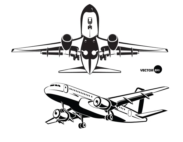 Посадка самолета, вид снизу и сбоку — стоковый вектор