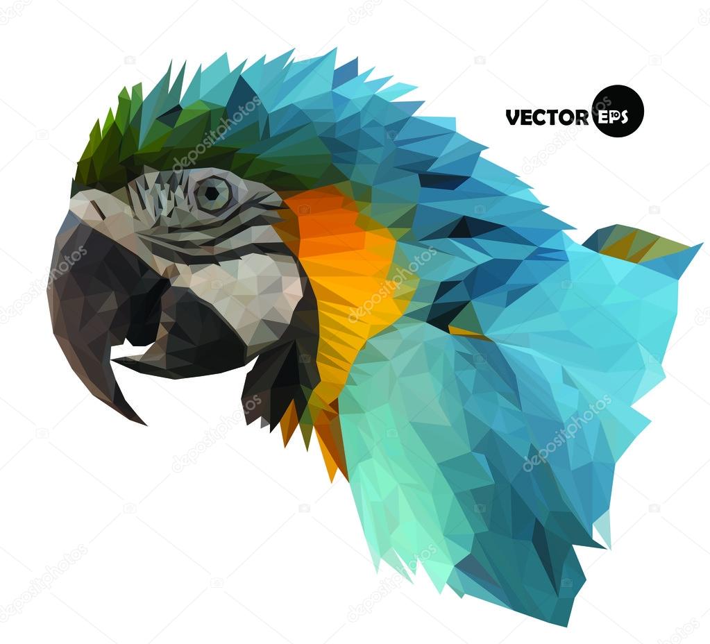 Colorful macaw parrot head visual identity in low polygon style on white background, vector illustration