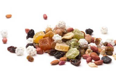 mixed dried fruit, nuts and seeds, raisins, peanuts, papaya, bananas and sweets 