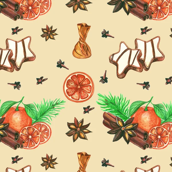 Modello Natale senza cuciture con mandarino, caramelle, stelle di anice — Foto Stock