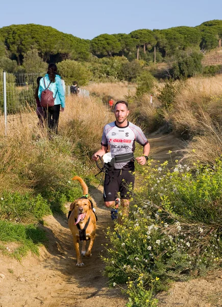 People Participating Canicross Entrevinyes Race February 2020 Alella Barcelona Spain — Stock Photo, Image