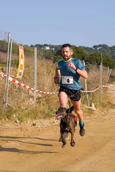 Man Participating Canicross Entrevinyes Race February 2020 Alella Barcelona Spain — Stock Photo, Image