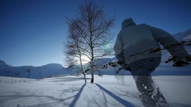 Mann wandert in wunderschöner Winterlandschaft — Stockvideo
