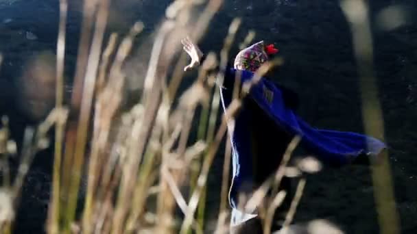 Šaman muž chůzi proti větru dělá gesta rukou duchovní — Stock video