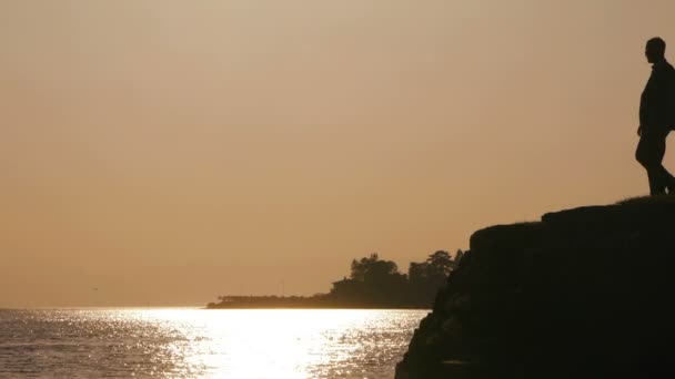 Silhouette eines Mannes, der steht und auf den See blickt — Stockvideo