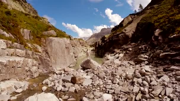 Man  raising arms standing on rock — Stock Video