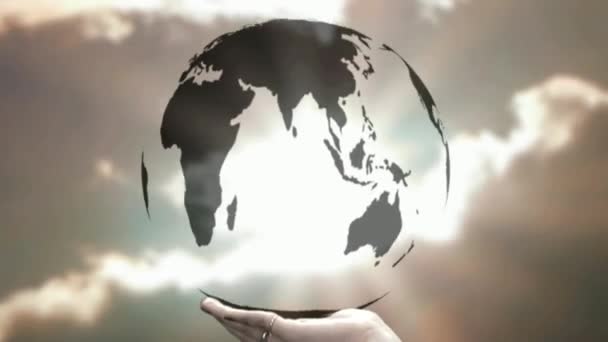 Happy woman holding earth globe on the hand — Stock Video