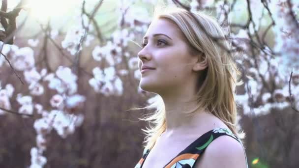 Woman standing under the spring blooming trees — Stock Video