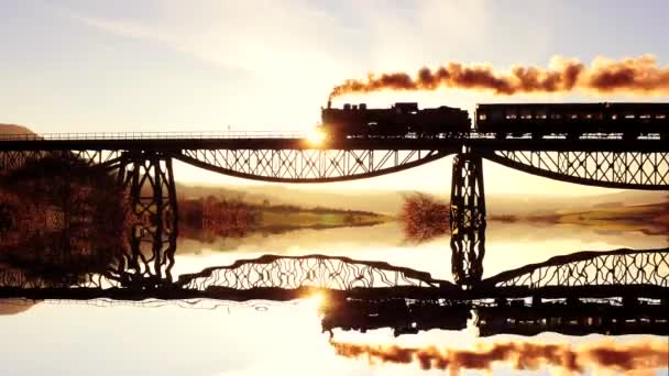 Train crossing bridge at sunset — Stock Video