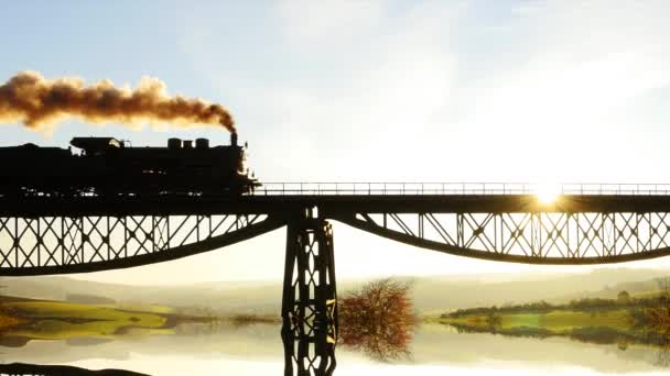 Water reflection of locomotive crossing bridge — Stock Video