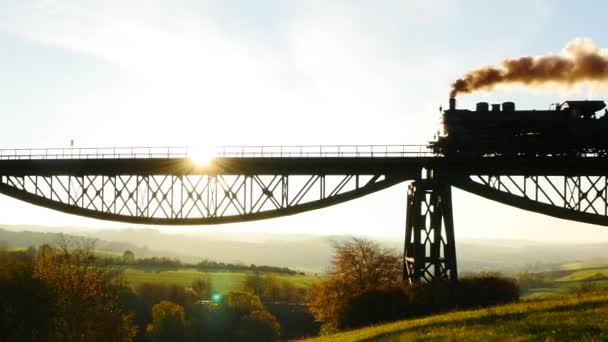 Treno che attraversa il ponte al tramonto — Video Stock