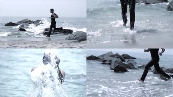 Masculino corriendo en la playa — Vídeo de stock