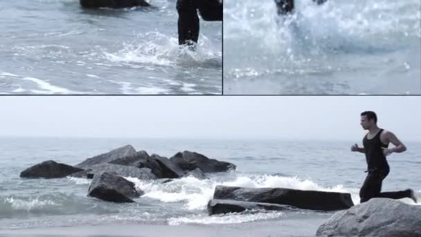 Чоловічий біг на пляжі — стокове відео