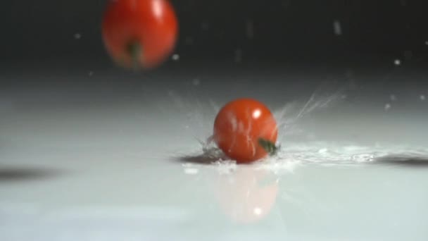 Verse tomaten spetteren in water — Stockvideo