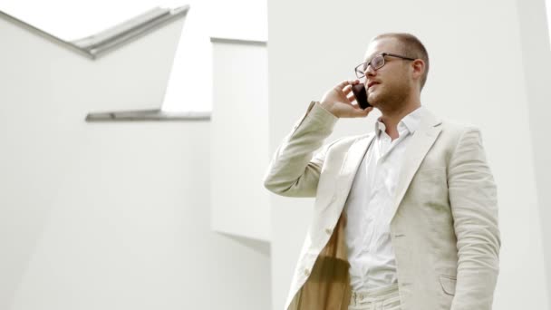 El hombre de negocios está hablando por celular. — Vídeos de Stock