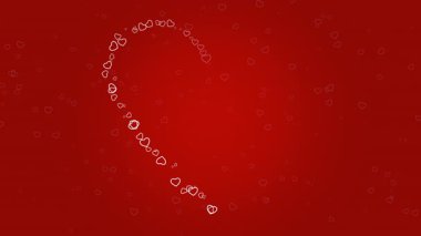 Küçük taslak kalpler birleşir ve kırmızı arkaplanda büyük bir kalp şekli oluşturur.,