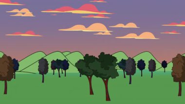 Gün batımı çayırları ağaçlar ve yuvarlanan tepeler renkli alacakaranlık gökyüzü altında, sıcak bulutlar