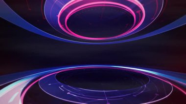 Dairesel platformlu neon portal sahnesi, pembe mor halkalar, parlak zemin yansımaları.