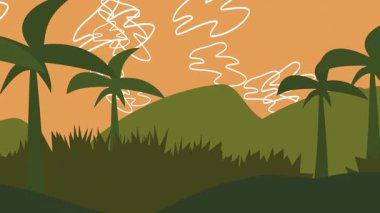 Gün batımı palmiye silueti yuvarlanan tepelerin üzerinde, turuncu gökyüzü karalanmış bulutlar, katmanlı yeşil