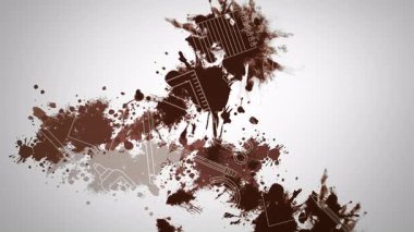 Kahverengi mürekkep, sert şehir graffiti enerjisi ve katmanlı desenli kolaj oluşturur.