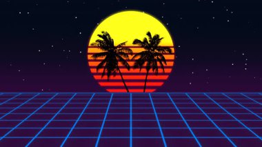 Şebeke zemininde tropik gün batımı palmiye siluetleri, çizgili eğimli kalın güneş diski