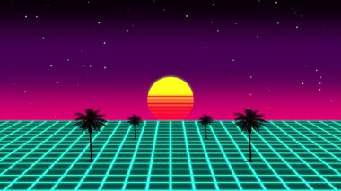 Turkuaz ızgara plajı siluetli palmiyeler macenta gökyüzü ve sarı güneş retropikal