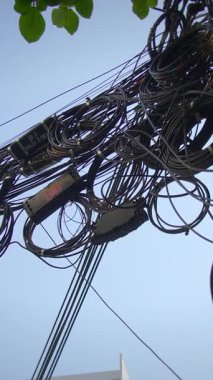 overhead wires tangled under leaf canopy, rooftop and sky visible, clusters of coils and junctions framed