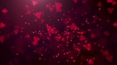 Parıldayan kırmızı kalpler. Parıldayan parçacıklar ve parıldayan bokeh şelalesi.