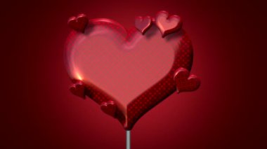 Parlak kalp lolipopu sopanın üzerinde minyatür kalpler parlak yüzeyde, şekerci dükkanı yakın planda.