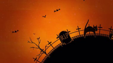 Tepe kıvrımlı çitlerdeki turuncu alacakaranlık mezarlığı ve oyulmuş balkabağı aksanlı yarasalarla mezar taşları.