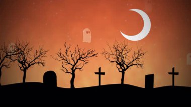 Mezarlık gecesinde hilal, siluetli çorak ağaçlar ve hayaletli mezar taşları.