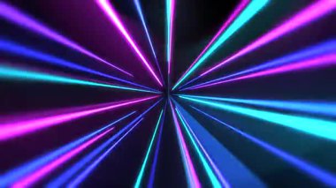 Neon radyal ışık tüneli atımları ile morumsu ve cyan ışınlar yok olma noktasında birleşiyor.,