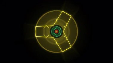 Dönen çokgen merkezli parlak sarı halka ve renkli iç düğümler, mükemmel