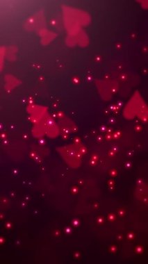 Parıldayan Kırmızı Kalpler Kara Burgundy Bokeh 'in üzerinde süzülüyor, Hafif Parlayan Parçacıklar, Romantik Parıltı ve Nazik Hareket