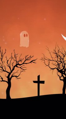 Çarmıhlı ve çorak ağaç siluetiyle turuncu gün batımı mezarlığı sıcak alacakaranlıkta süzülen hayalet şekilli sessiz bir ufuk.