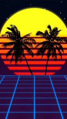 Sarı Güneş Palmiyeleri Mavi Neon Şebekesi ve Yıldızlı Gece Gökyüzü, Siyah Palmiye Siluetleri Çizgili Parlayan Ufuk 'u keserek sükunet yaratıyor