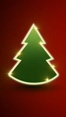 Kırmızı Arkaplan Neon Noel Ağacı Parıltısı, Kalın Yeşil Ağaç Silueti Parlak Dış hatları ve İnce Işıltılı Ikon Modern Simgesi